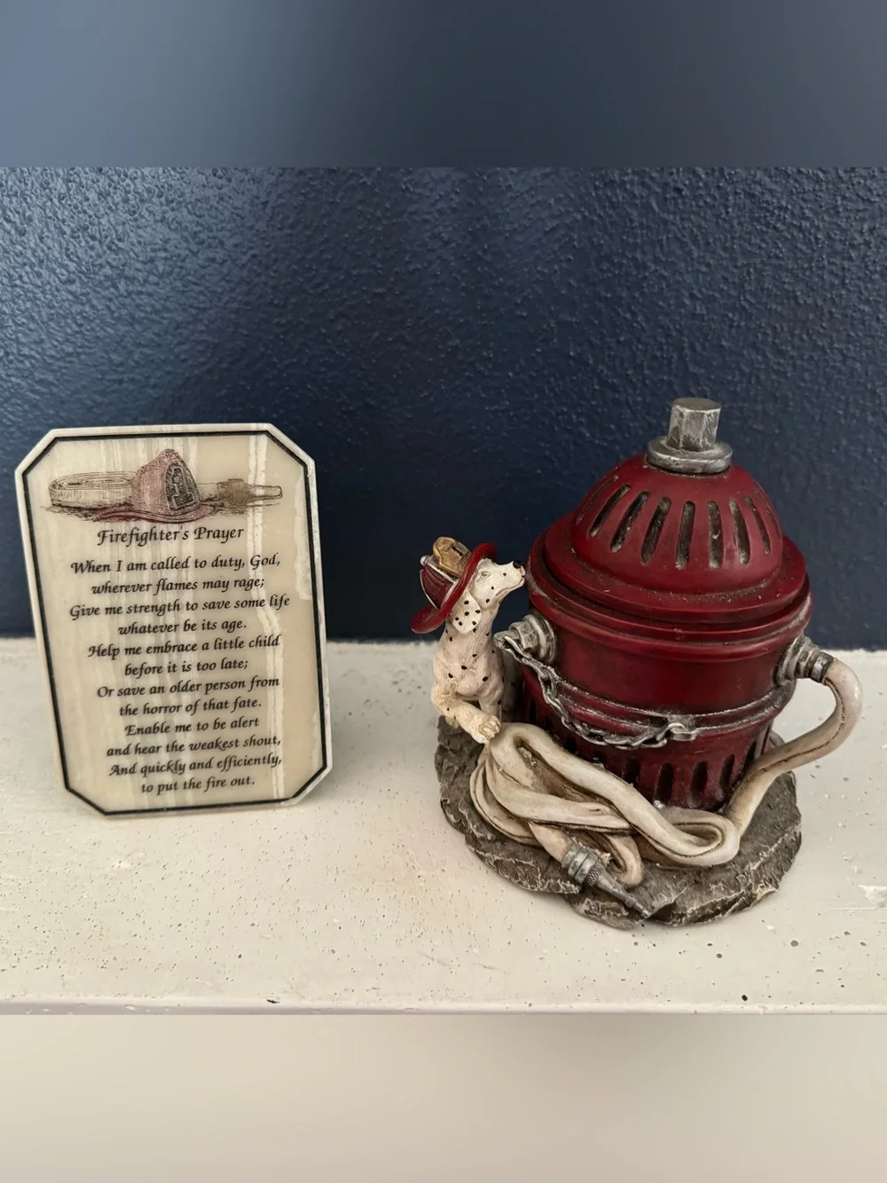 Red Hats of Courage - Firefighter Hydrant Figurine Dalmatian Hose + Prayer pic
